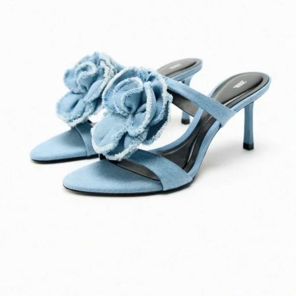 ZARA FLORAL HIGH HEELED DENIM SANDALS - Picture 2 of 6